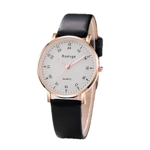Minimalist quartz wristwatch featuring a rose gold case and black leather strap for students