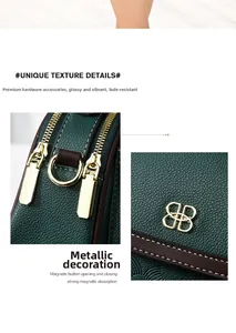 Detailed macro view of dark green pebbled leather bag with gold hardware and logo
