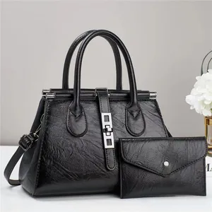 Vintage black textured large capacity shoulder bag and pouch set with silver hardware
