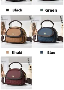Collage of multi-pocket handbags in black, green, khaki, blue, and burgundy with golden buckles