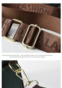 Detail of adjustable nylon shoulder strap with FASHION lettering and gold metal hardware