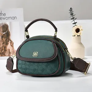 Women Vintage Shell Shape PU Leather Handbag Double Zipper Large Capacity Crossbody Bag Wide Fabric Strap Shoulder Bag Fashion