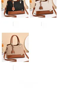 Detailed tri-pane view showing black white and khaki textured leather multi-layer handbags