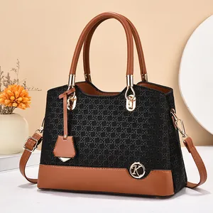 Women Large Capacity Handbag PU Leather Woven Texture Patchwork Bucket Bag Fashion Shoulder Crossbody Bag With K Metal Logo