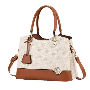 Women's chic contrast weave tote bag with brown leather handles and gold K logo