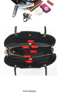 Internal structure of large capacity black handbag with multiple compartments and pockets