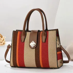 Women's Fashion Striped Canvas PU Leather Tote Bag Large Capacity Handbag Crossbody Bag With Metal Lock Office Travel Satchel