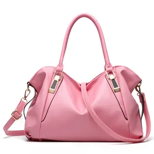 Roze zachte lederen tote bag voor dames met handgrepen en verstelbare schouderriem