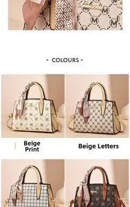 Detail view of four stylish patterned handbags featuring silk scarves and gold hardware