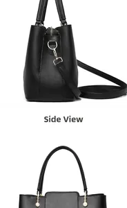 Detailed side and front views of a black leather bucket bag with gold-tone hardware details