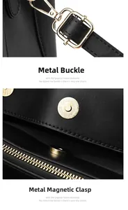 Detail of high-quality golden hardware buckle and magnetic snap on black handbag