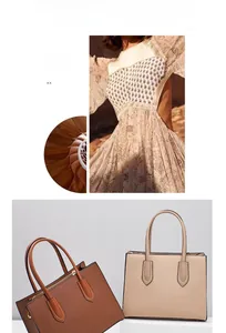 Close-up of cross-grain leather texture and slim handles on tote bags in brown and beige