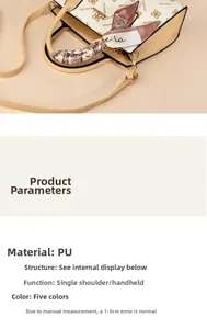 Detail view of beige PU leather handbag with clover pattern and decorative silk scarf handle
