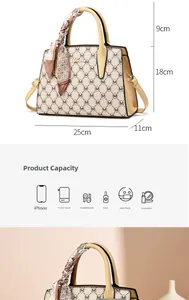 Detail view of beige Boston bag with M-pattern and size labels 25x11x18cm