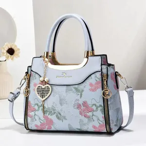 Detailed shot of light blue floral embroidery handbag with elegant gold hardware and pearls