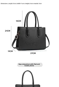 Detailed size chart of black crossgrain leather handbag with dimensions 27x11x21cm