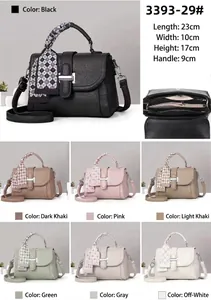 Detailed view of women's square handbag showing dimensions 23x10x17cm and color options