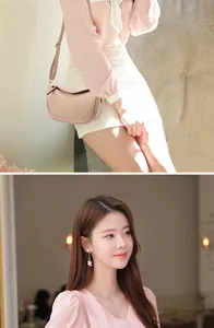 Close-up of a nude lychee grain leather crossbody bag and floral pearl earrings