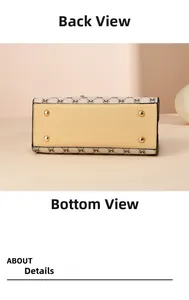 Detail shot of handbag base featuring four protective gold metal studs and M-logo pattern