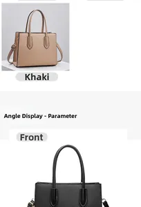 Detailed view of khaki and black tote bags in cross-grain faux leather with dual handles