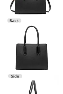 Detailed views of black Saffiano leather tote bag showing back and side profile