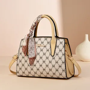 Women's Retro Cowhide Monogram Handbag With Silk Scarf Decor Elegant Shoulder Crossbody Tote Bag For Commute Daily Party