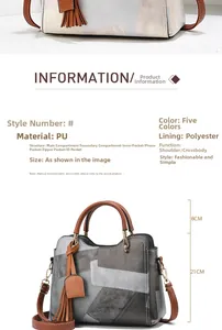 Detail view of the multi-compartment interior and dimensions of the gray patchwork handbag