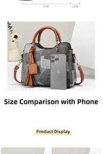Size display of patchwork handbag with dimensions 27x12cm and mobile phone comparison
