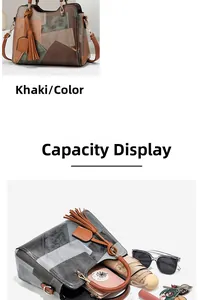 Detail view of the spacious inner capacity and dual-tone patchwork PU leather of the handbag