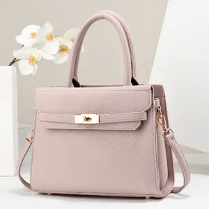 Women Litchi Pattern PU Leather Top Handle Bag Classic Trapezoid Crossbody Shoulder Bag With Gold Rotating Lock Large Capacity Elegant Office Handbag