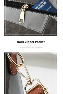 Detail of the back zipper pocket and gold metal hook on the leather handbag for women