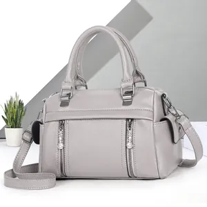 Sac à main chic gris à texture litchi avec doubles anses et bandoulière réglable