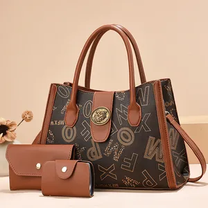 3-piece printed tote bag set with brown PU leather, crossbody bag and small pouch included