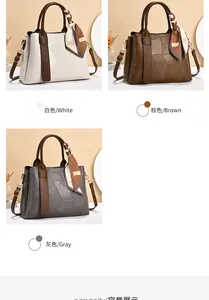 Detail of multi-color paneled handbags in white brown and gray with silk scarf handle