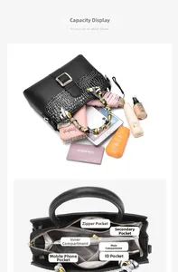 Detailed view of spacious handbag interior with compartments and lifestyle items