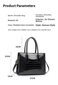 Detailed size chart for black crocodile pattern PU leather handbag with dimensions