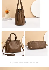 Detailed views of a dark brown patchwork tote bag with silk scarf handle and metal base studs