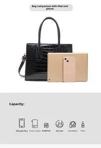 Detail view of black crocodile pattern tote bag showing large capacity for iPad and phone