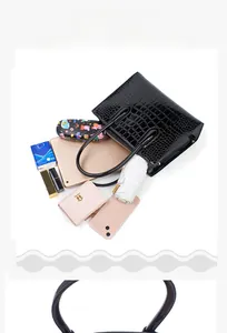 Detail of black crocodile texture handbag with large storage capacity for iPad and wallet