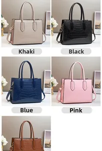 Vertical display showing crocodile embossed texture and multiple colors of the handbag