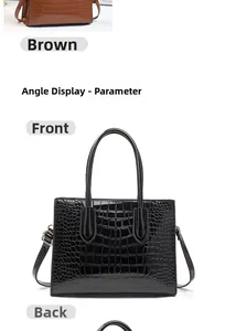Detail view of brown and black crocodile embossed tote bags with glossy finish