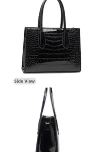 Side view and detail of black glossy crocodile pattern tote bag with metal zipper