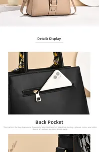 Detail view of the back anti-theft zipper pocket on this high-capacity PU leather handbag