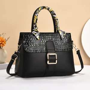 Women's PU Leather Top Handle Bag Crocodile Embossed Scarf Wrapped Handle Gold Buckle Crossbody Shoulder Bag Metropolitan Fashion Handbag