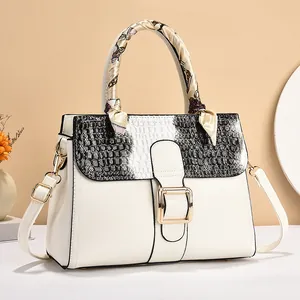 Elegant off-white PU leather handbag with crocodile pattern flap and silk scarf handle