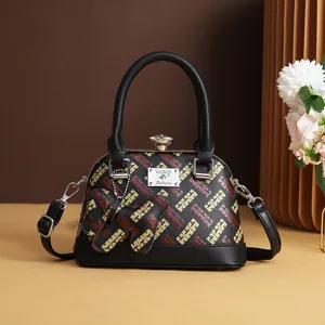 Vintage Monogram Shell Bag For Women PU Leather Handbag With Crystal Lock Crossbody Shoulder Bag Retro Lady Satchel With Charm