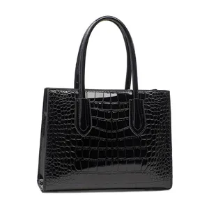 Women black crocodile embossed leather tote bag with large capacity and sturdy handles