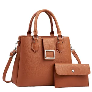 Brown litchi grain leather tote bag and wallet set with silver hardware for women