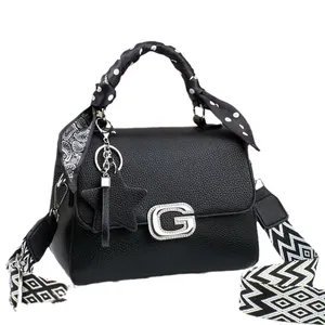 Black litchi grain leather handbag with diamond G buckle and polka dot silk scarf