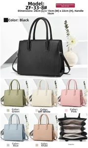 Detailed views of striped embossed tote bag with dimensions and multi-compartment interior
